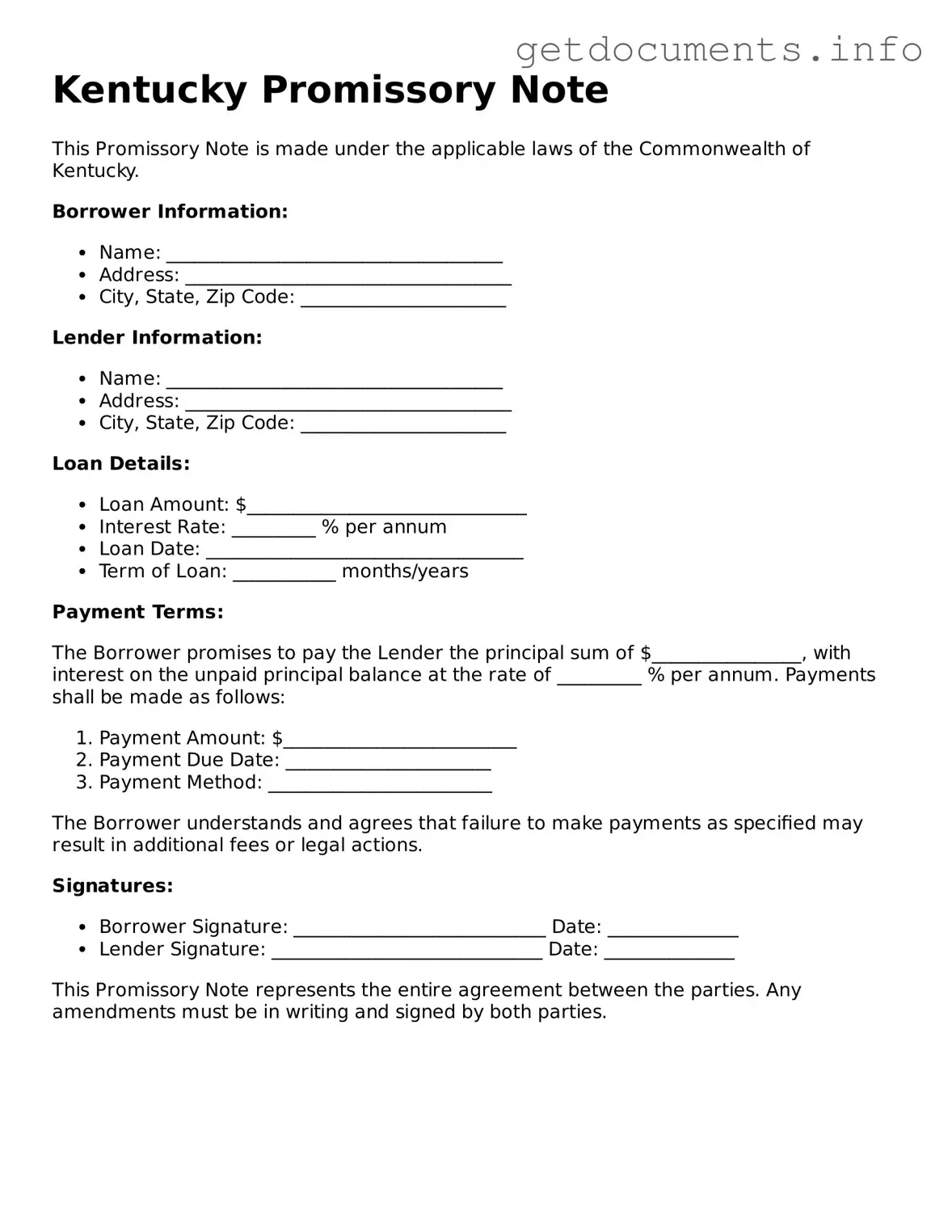 Free Promissory Note Template for Kentucky