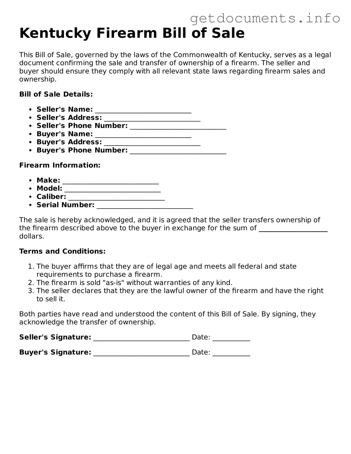Free  Firearm Bill of Sale Template for Kentucky