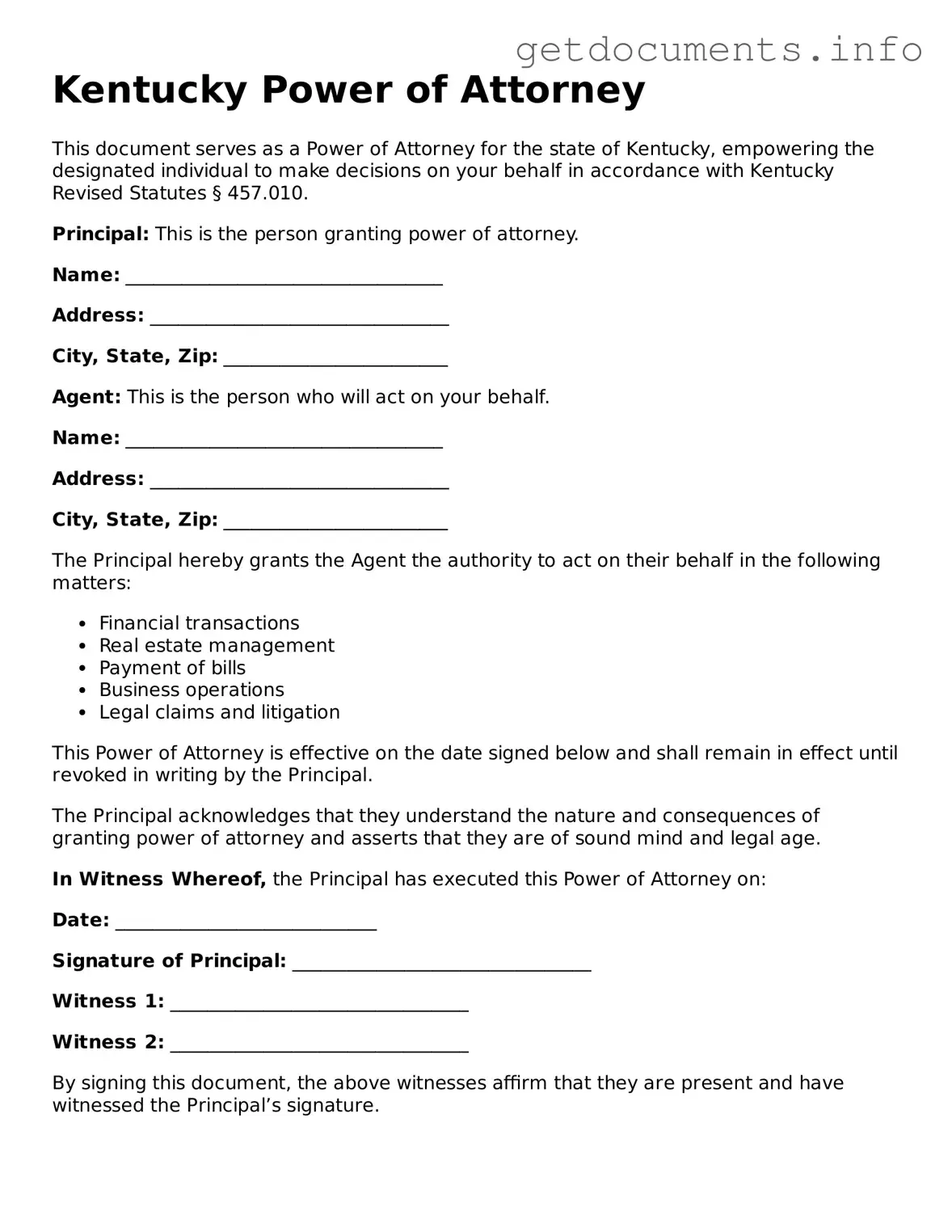 Free Power of Attorney Template for Kentucky