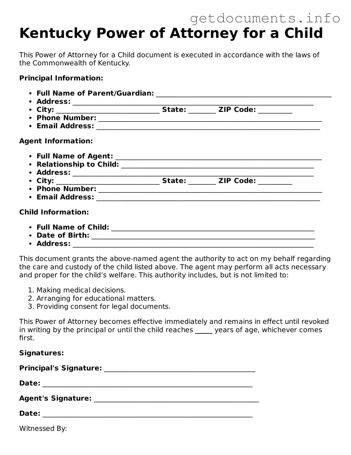 Free Power of Attorney for a Child Template for Kentucky