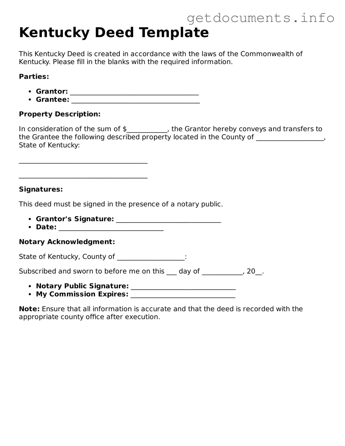 Free  Deed Template for Kentucky