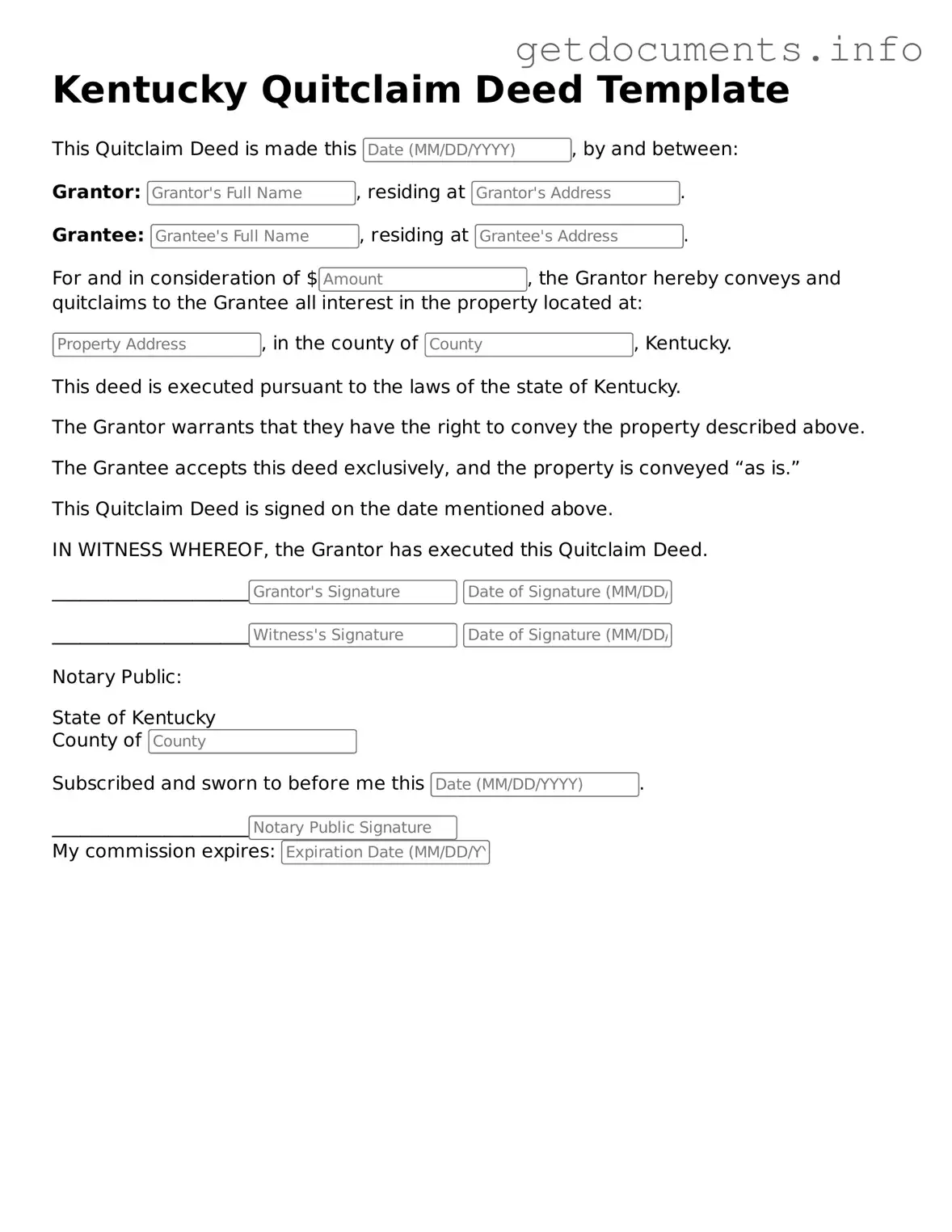 Free  Quitclaim Deed Template for Kentucky