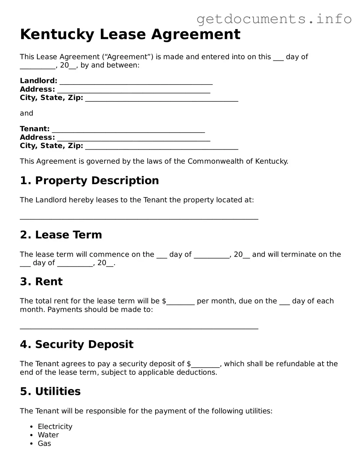 Free Lease Agreement Template for Kentucky