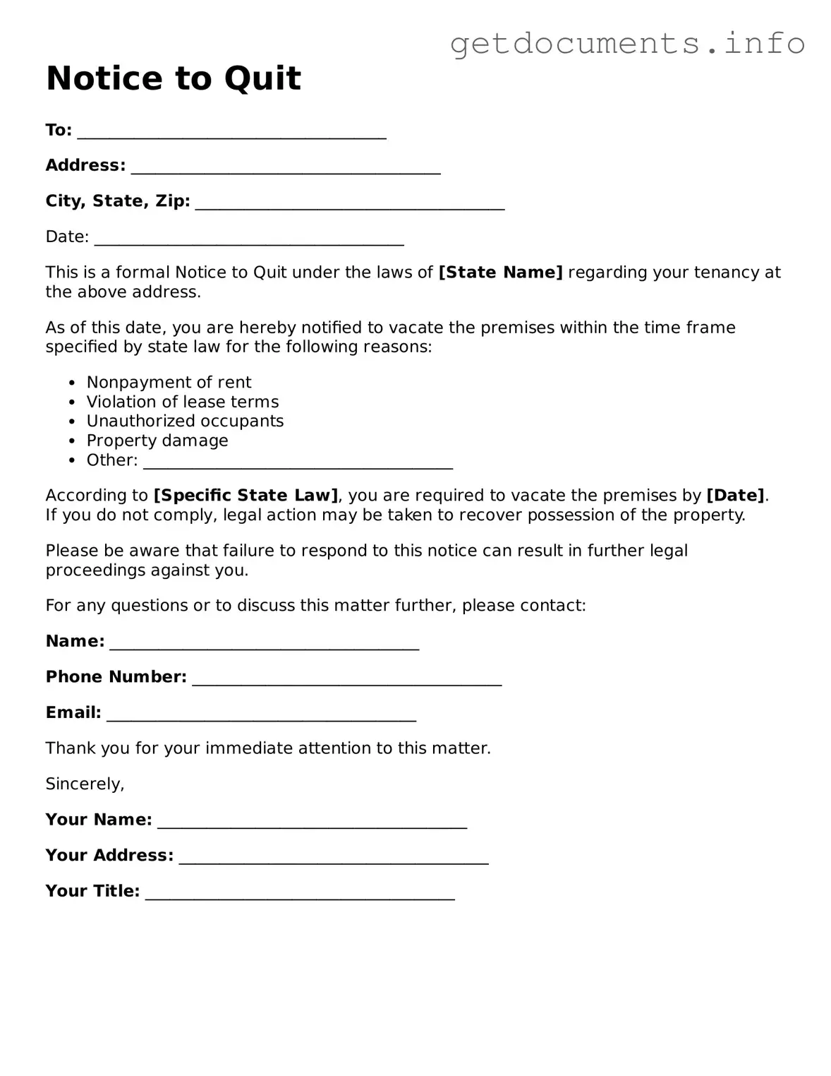 Printable Notice to Quit Document
