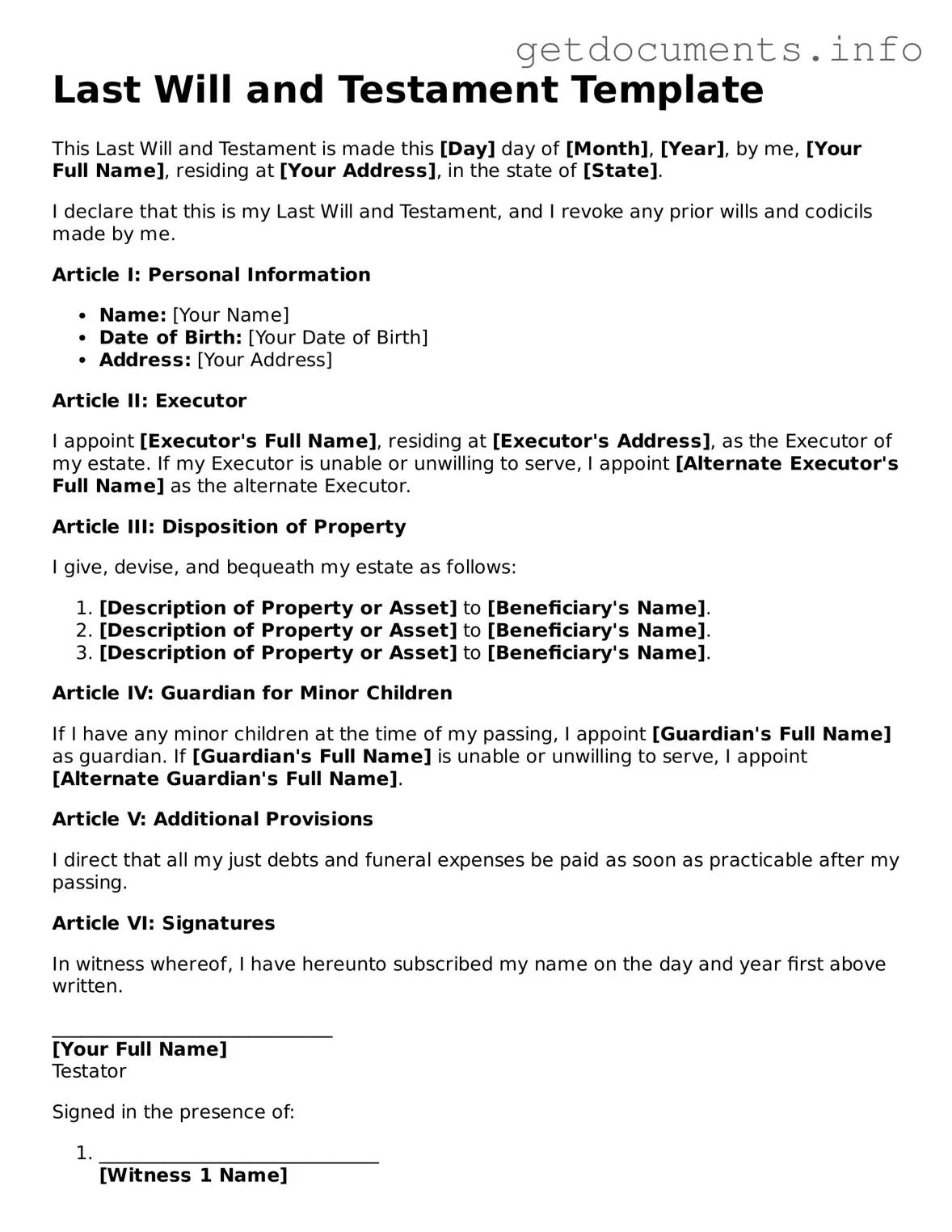 Printable Last Will and Testament Document
