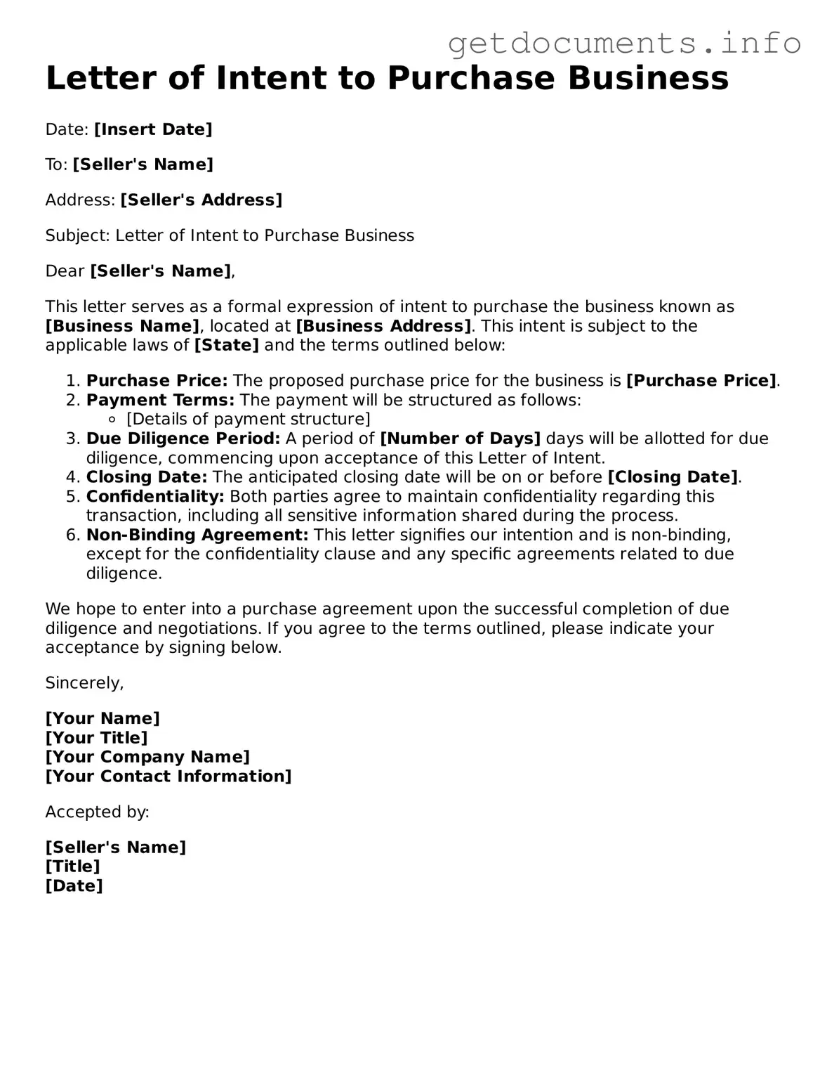 Printable Letter of Intent to Purchase Business Document