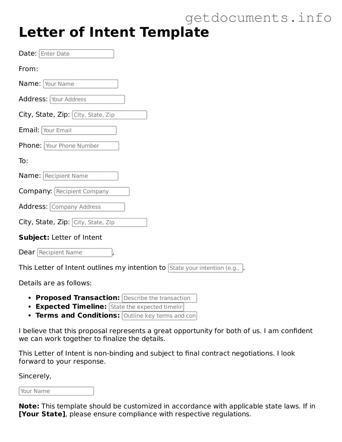 Printable Letter of Intent Document