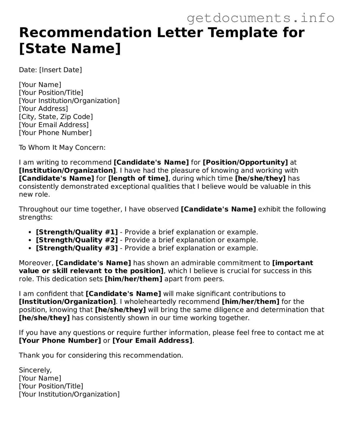 Printable Recommendation Letter Document