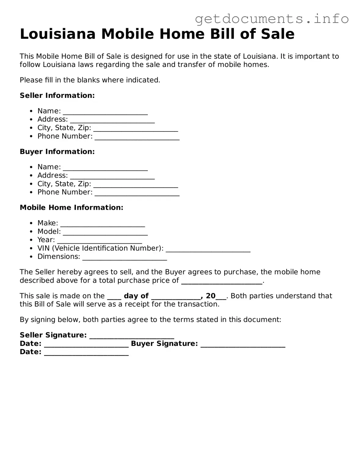 Free Mobile Home Bill of Sale Template for Louisiana