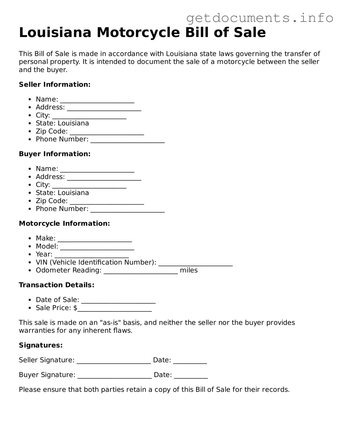 Free Motorcycle Bill of Sale Template for Louisiana