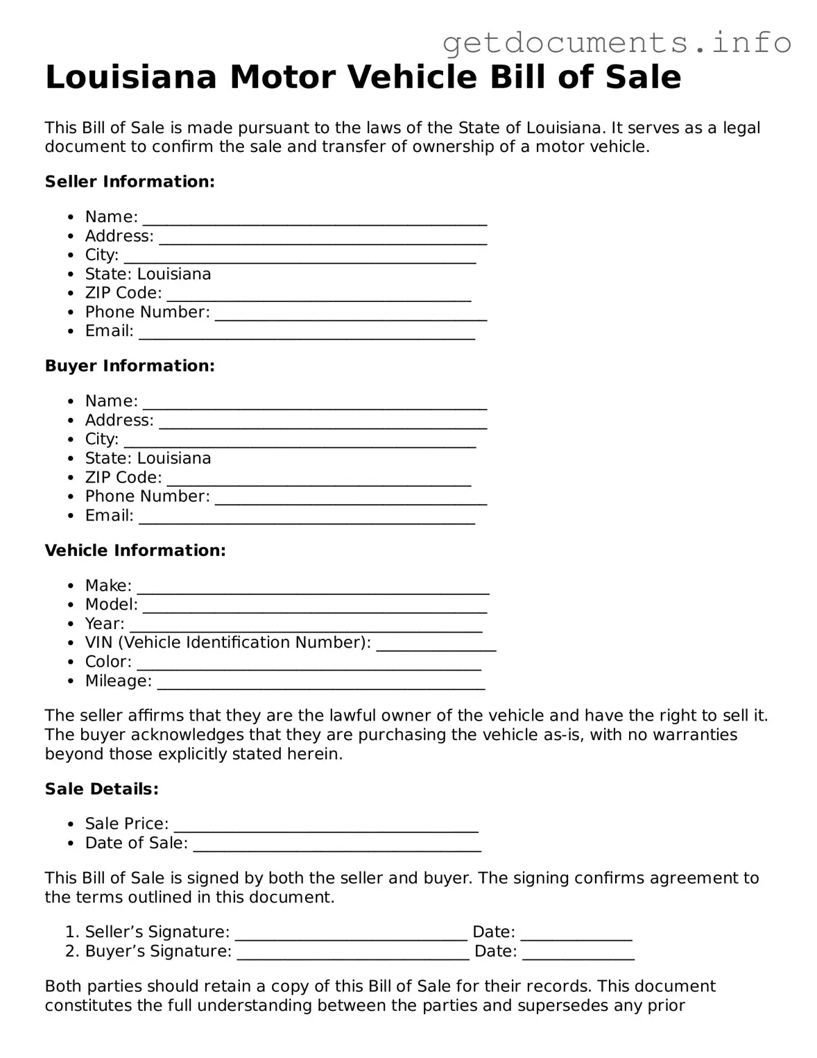 Free Motor Vehicle Bill of Sale Template for Louisiana