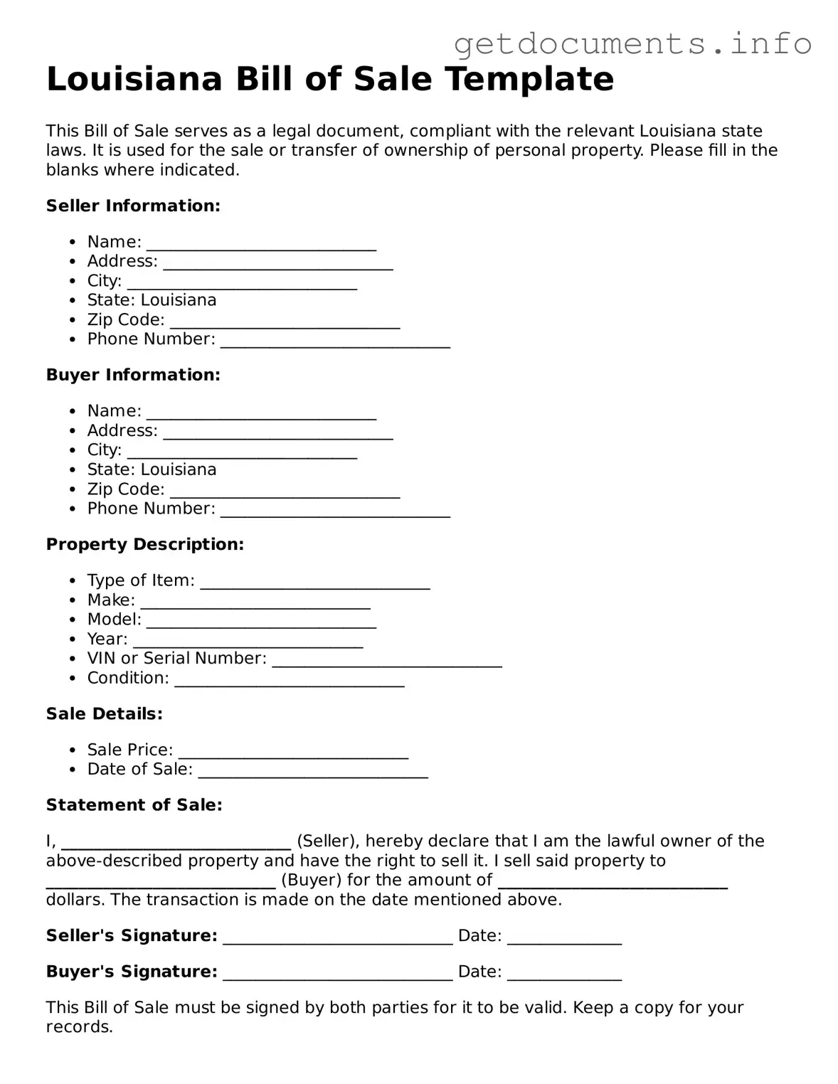 Free  Bill of Sale Template for Louisiana