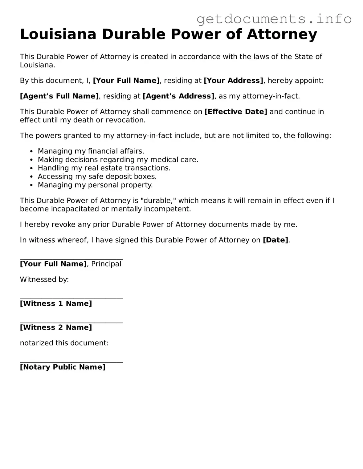 Free  Durable Power of Attorney Template for Louisiana