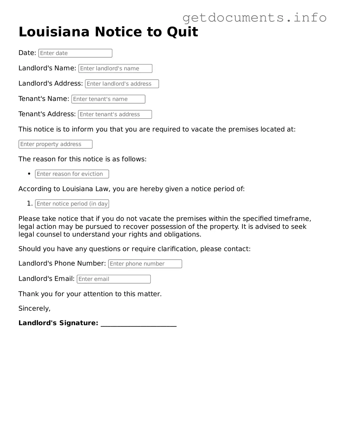 Free  Notice to Quit Template for Louisiana