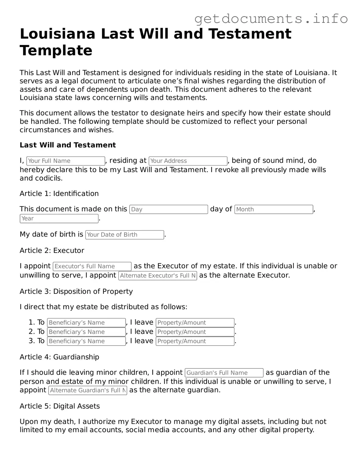Free  Last Will and Testament Template for Louisiana