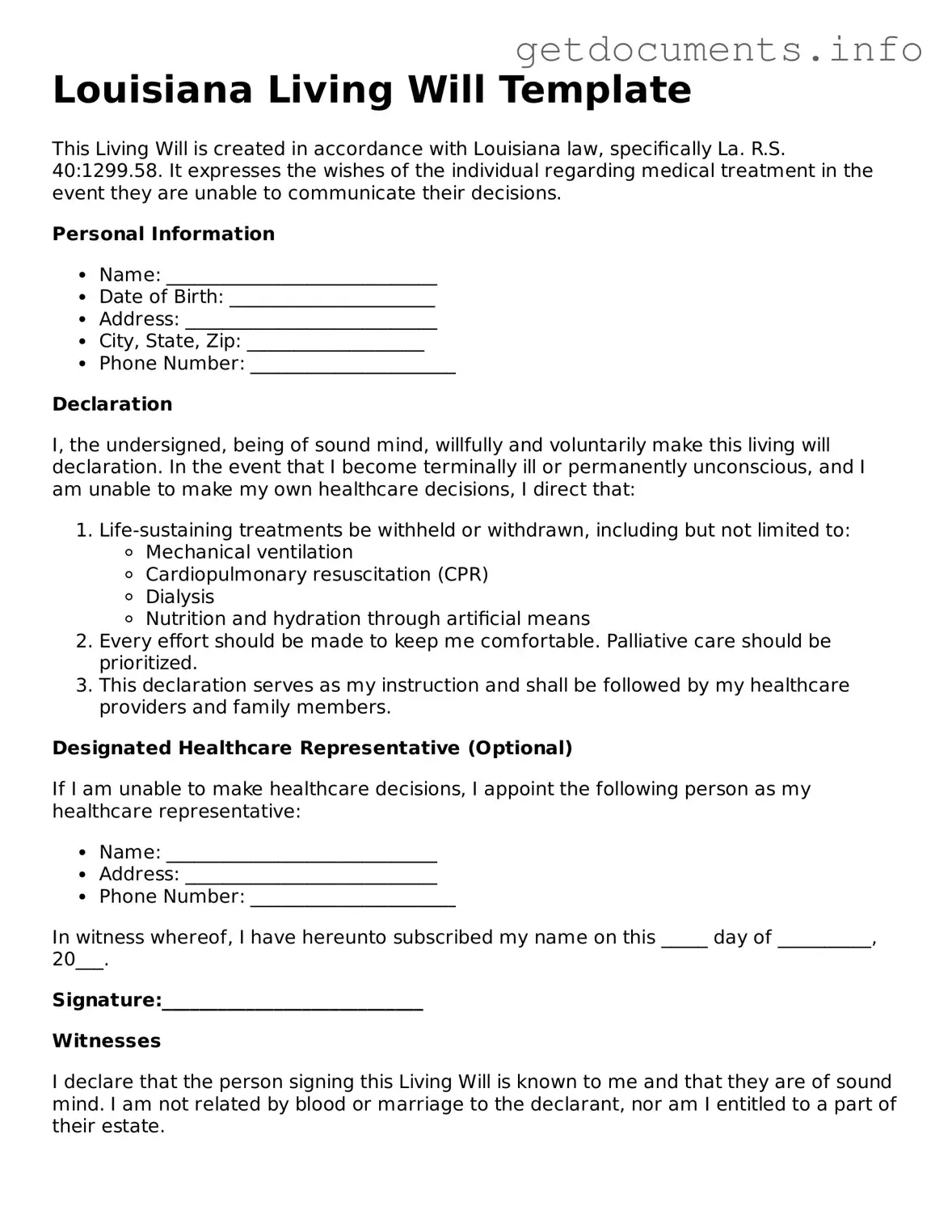 Free  Living Will Template for Louisiana