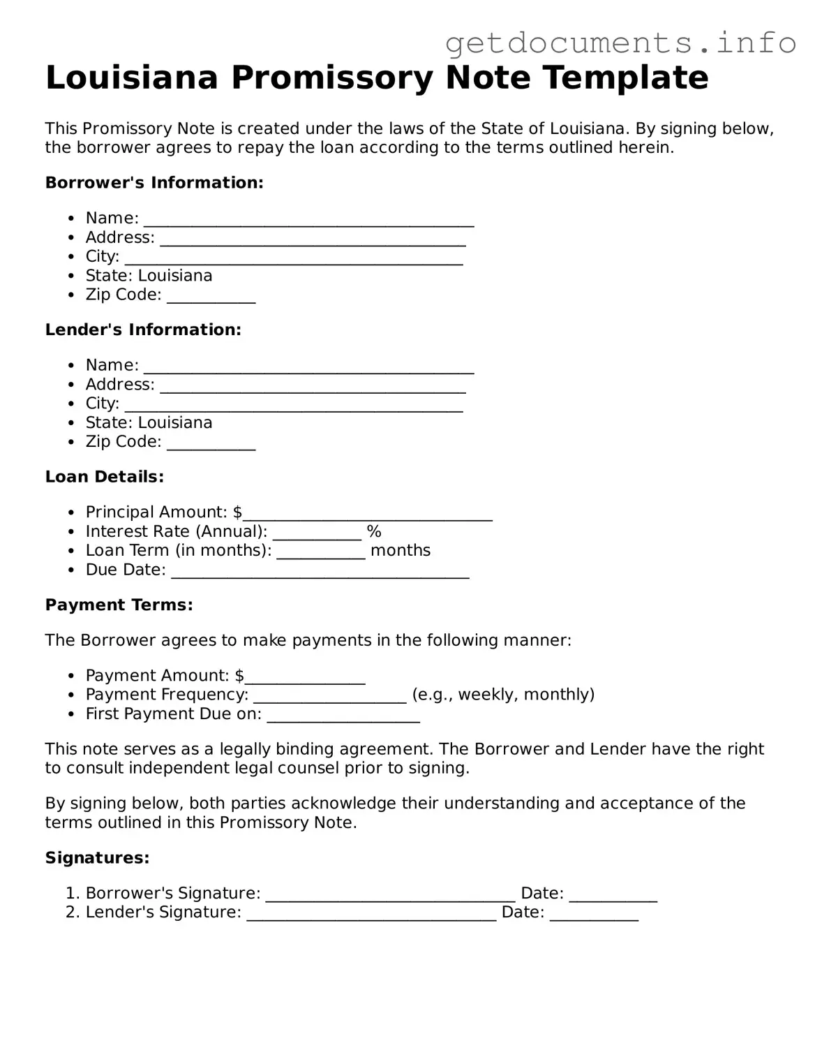 Free Promissory Note Template for Louisiana