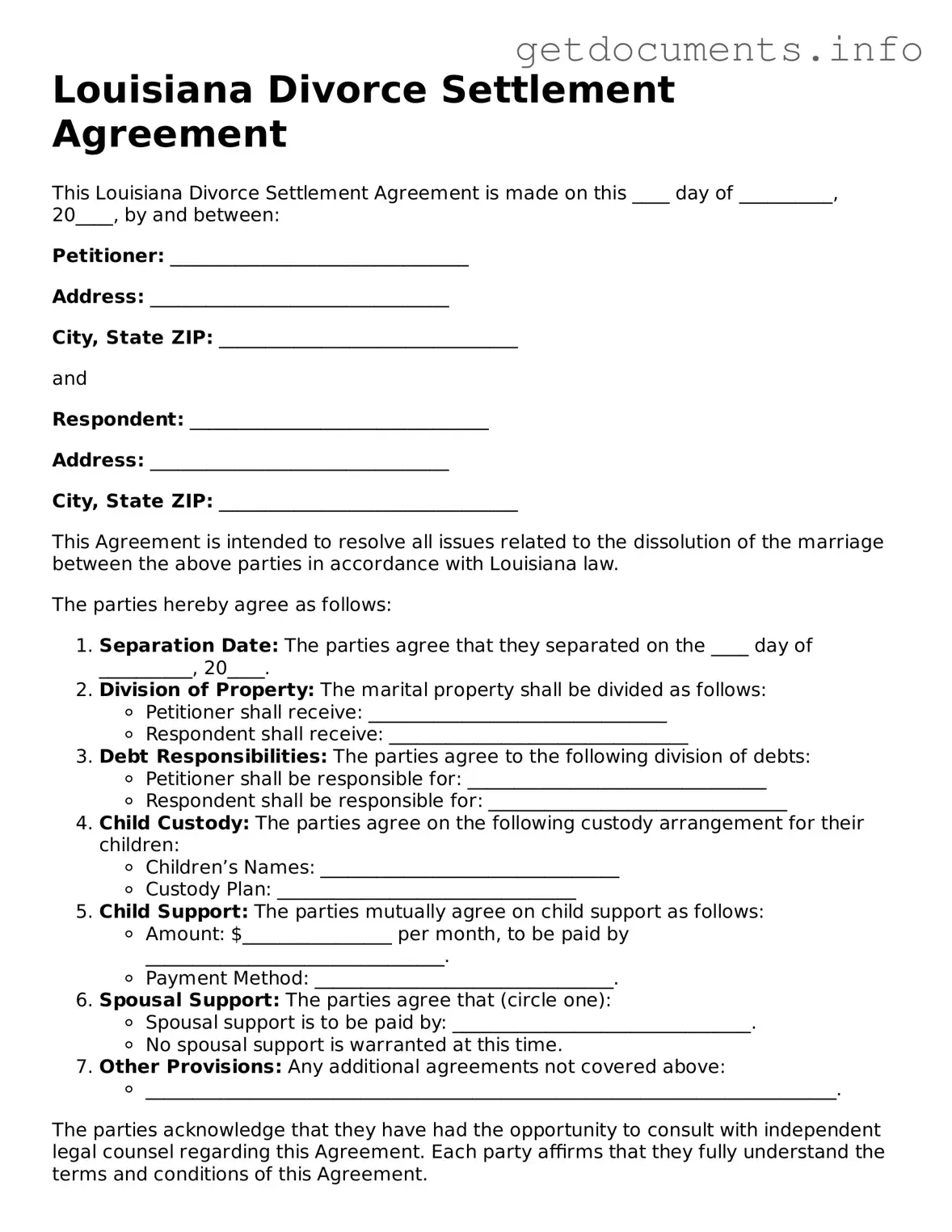 Free Divorce Settlement Agreement Template for Louisiana