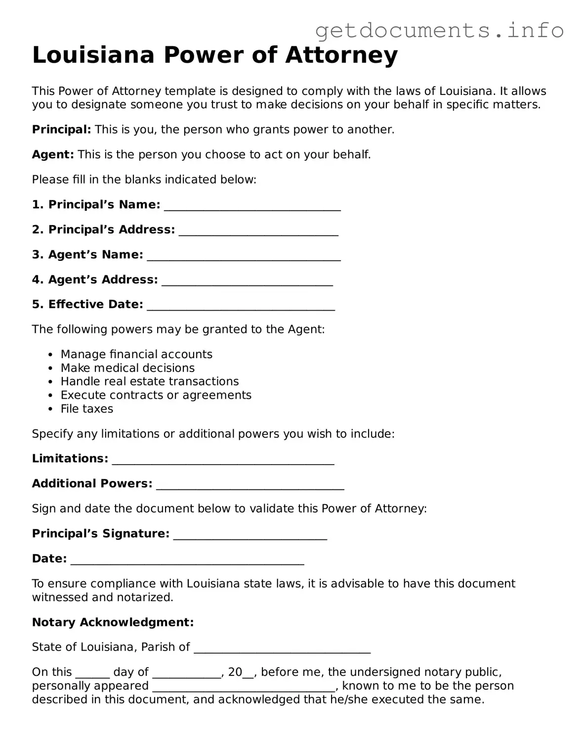 Free  Power of Attorney Template for Louisiana