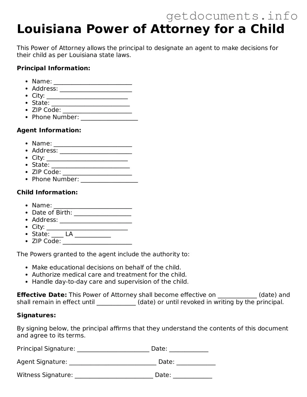 Free Power of Attorney for a Child Template for Louisiana