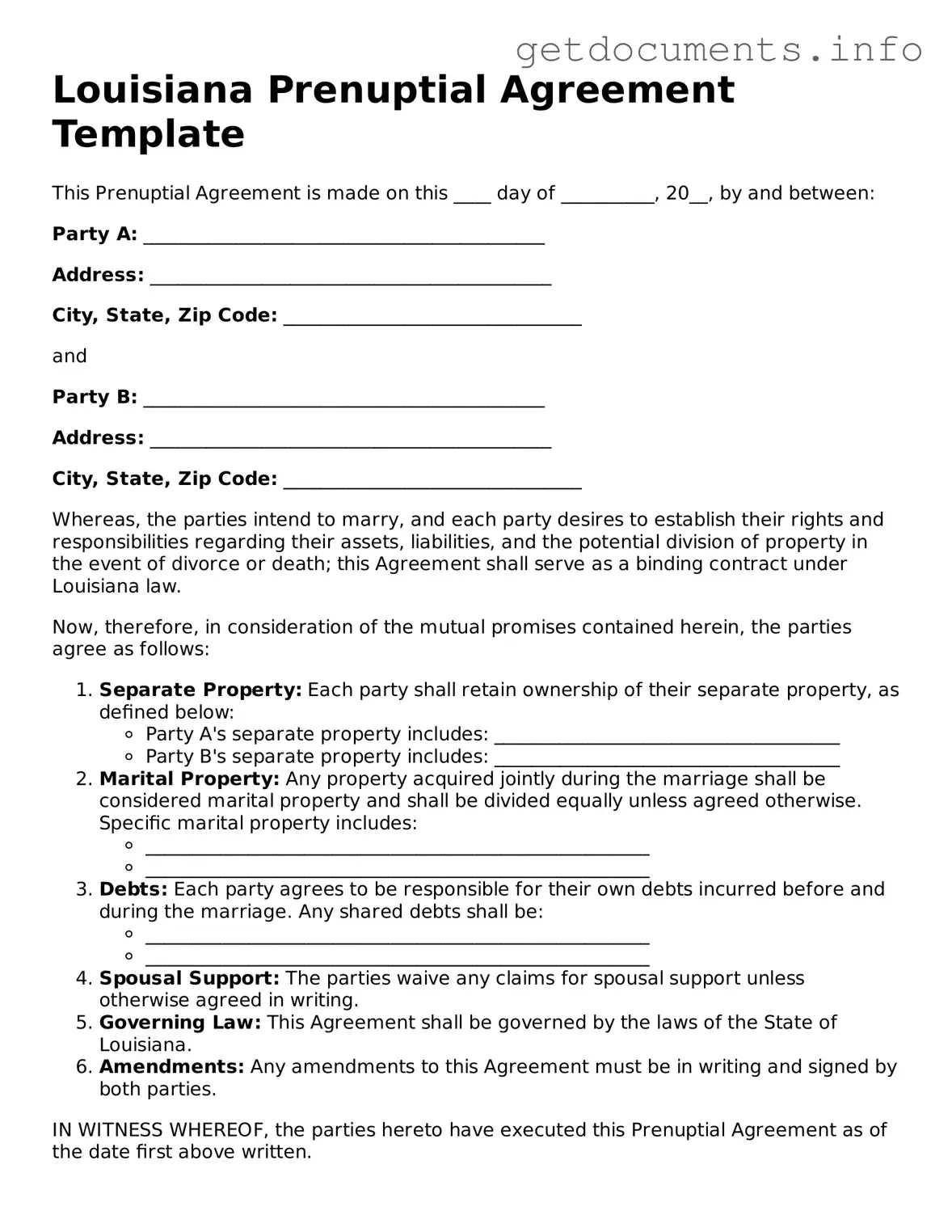Free Prenuptial Agreement Template for Louisiana
