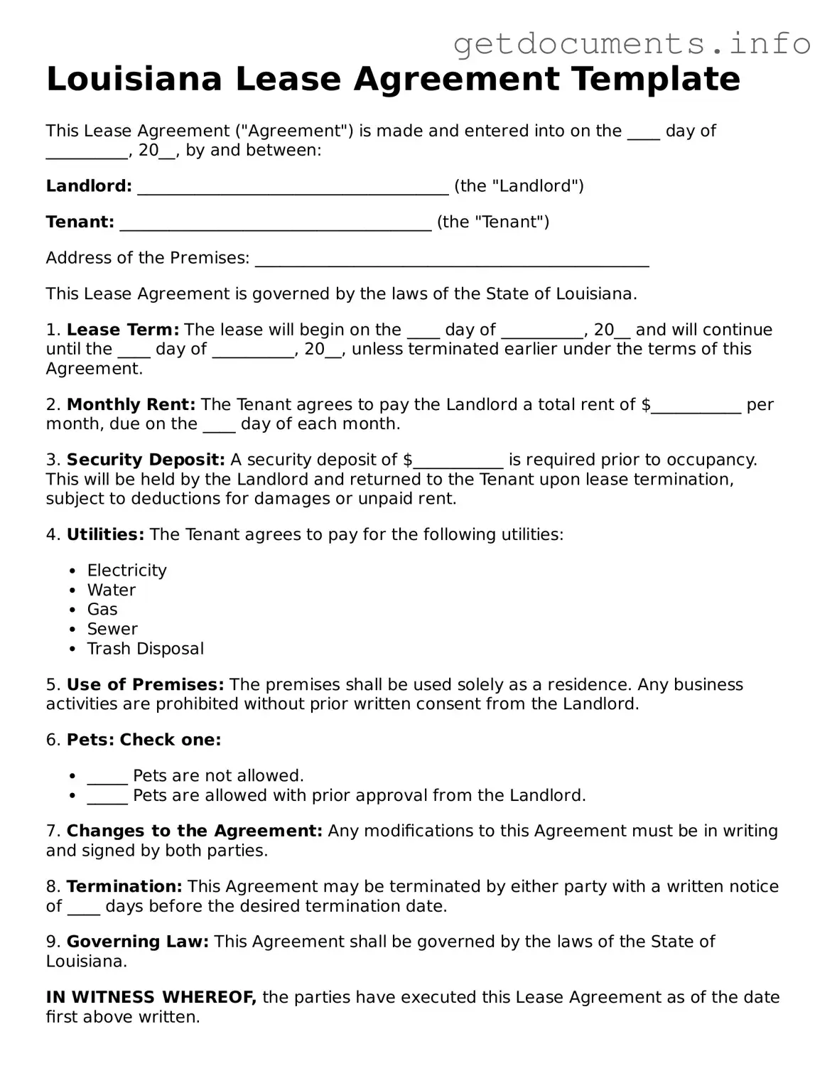 Free Lease Agreement Template for Louisiana