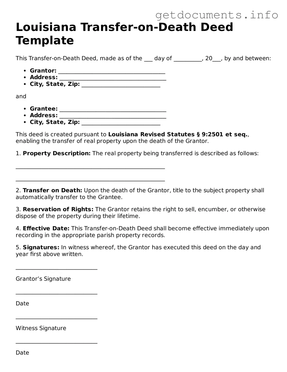 Free  Transfer-on-Death Deed Template for Louisiana