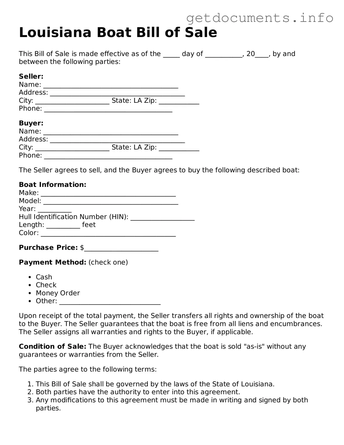 Free Boat Bill of Sale Template for Louisiana
