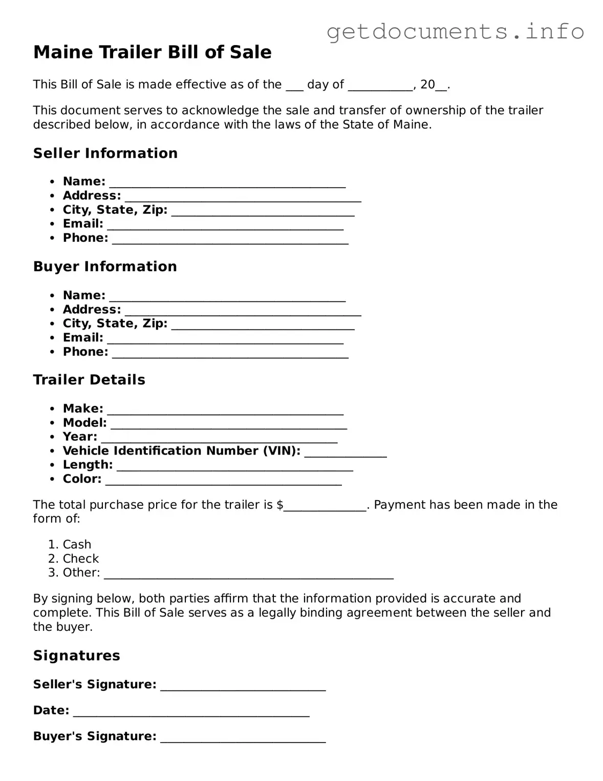 Free  Trailer Bill of Sale Template for Maine