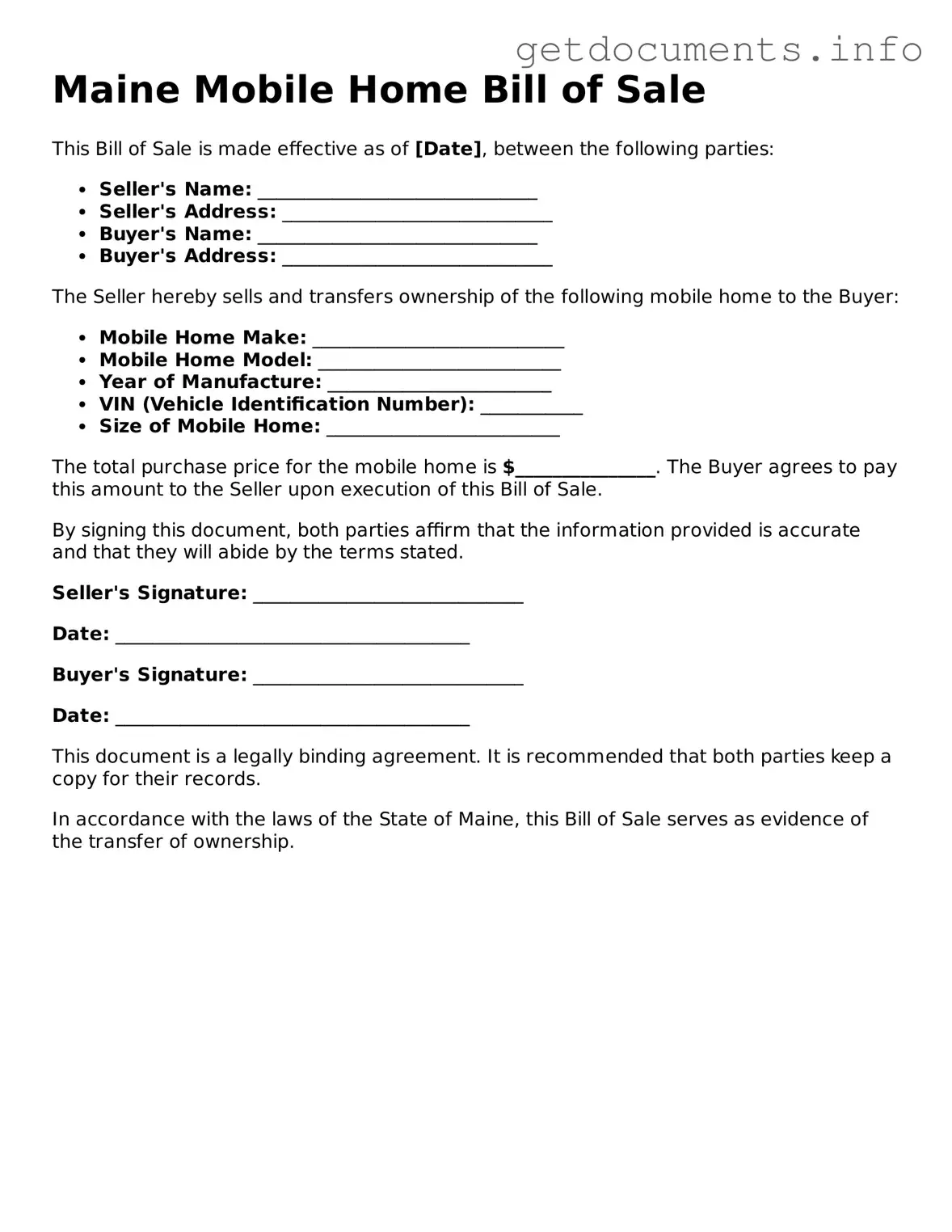 Free  Mobile Home Bill of Sale Template for Maine