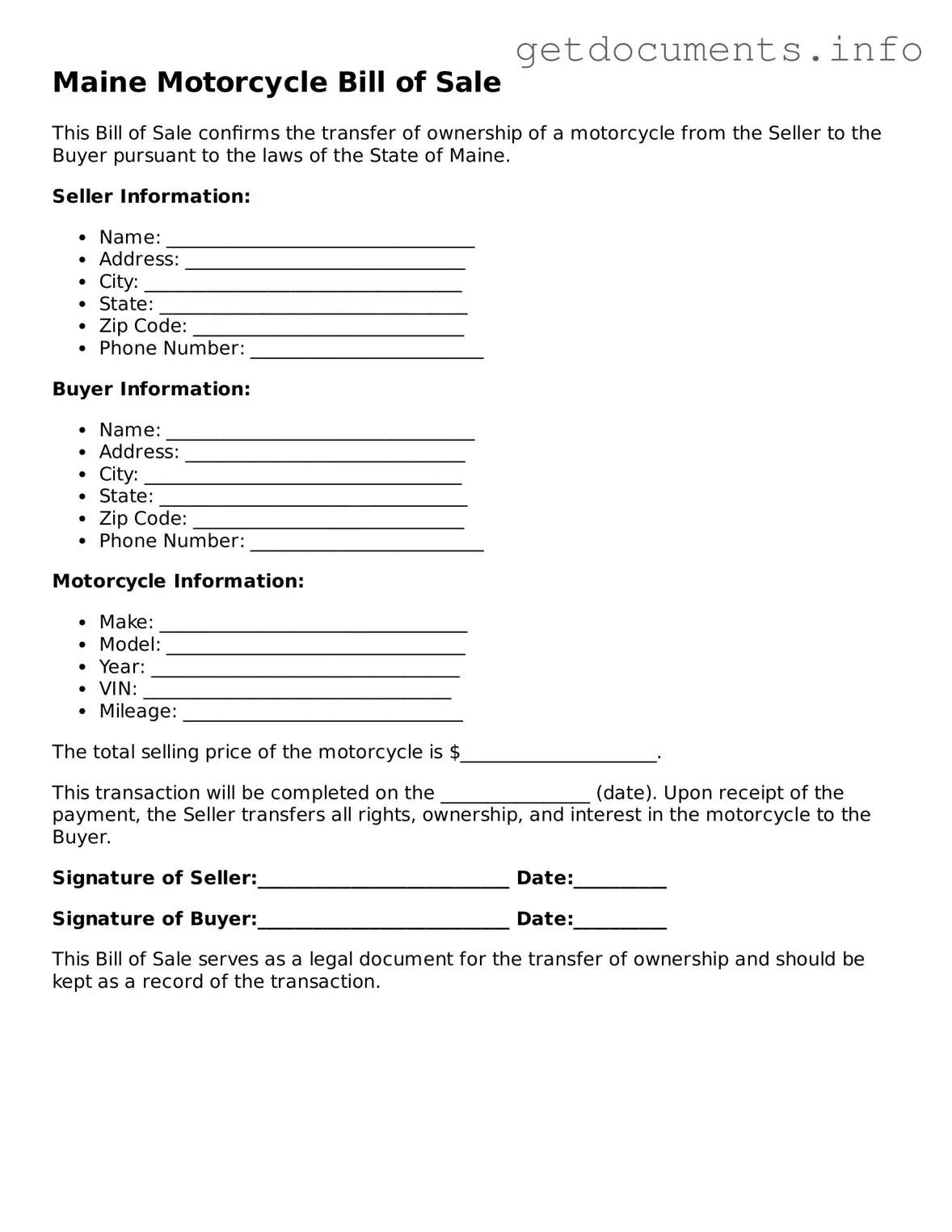 Free Motorcycle Bill of Sale Template for Maine