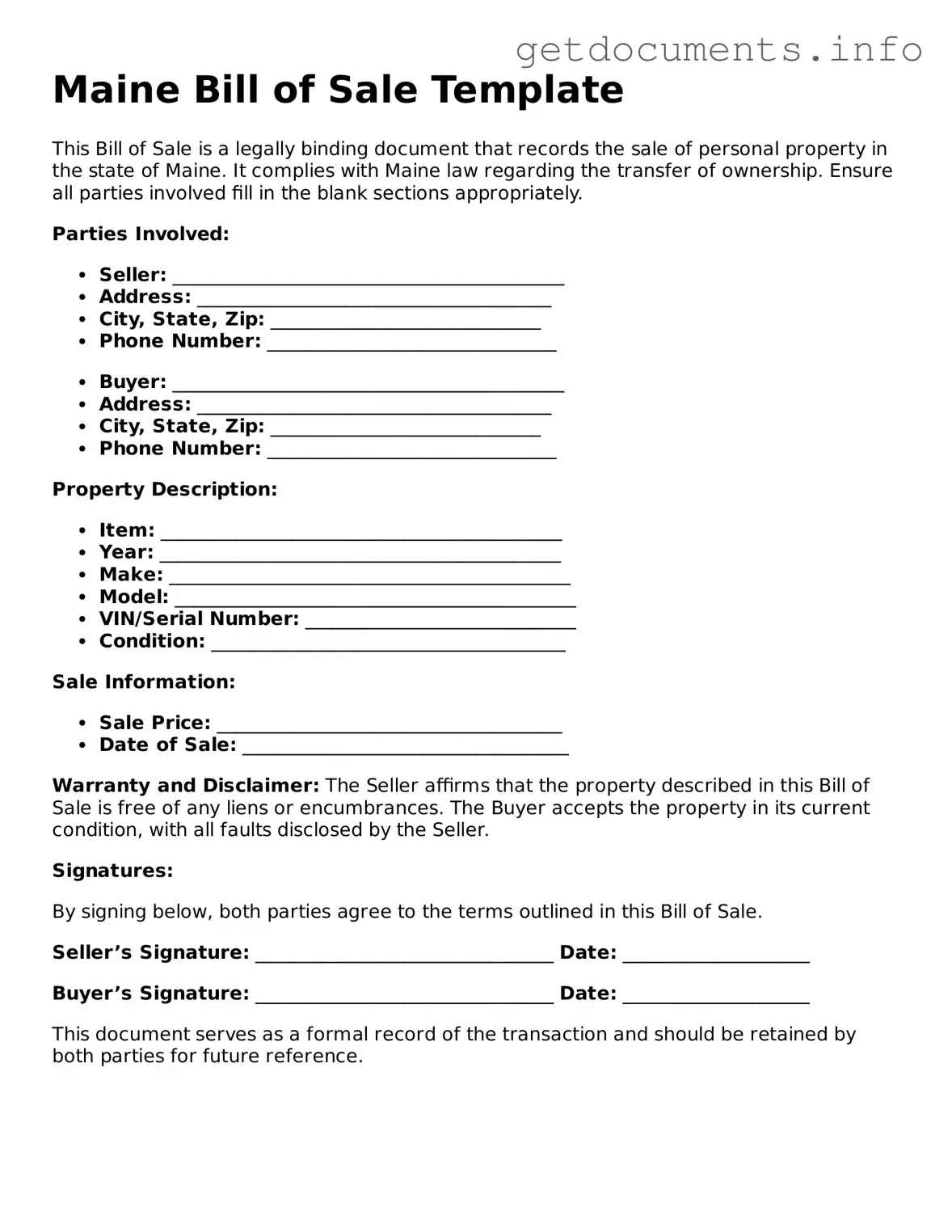 Free  Bill of Sale Template for Maine