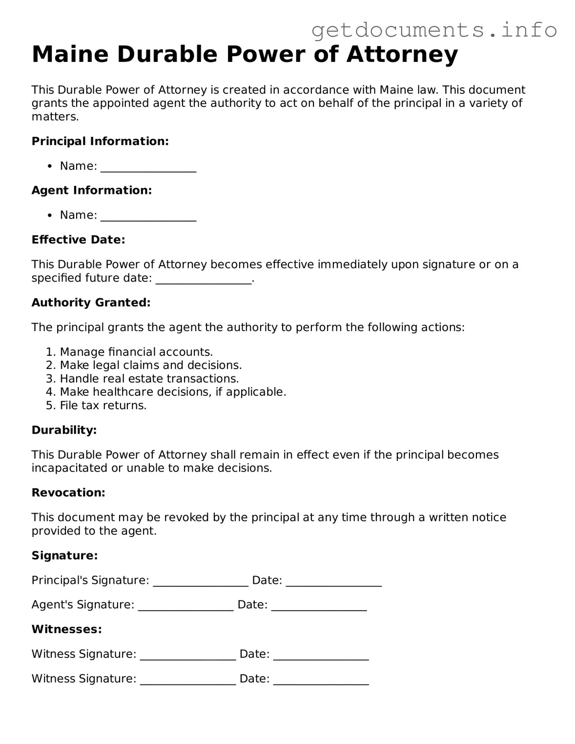 Free  Durable Power of Attorney Template for Maine