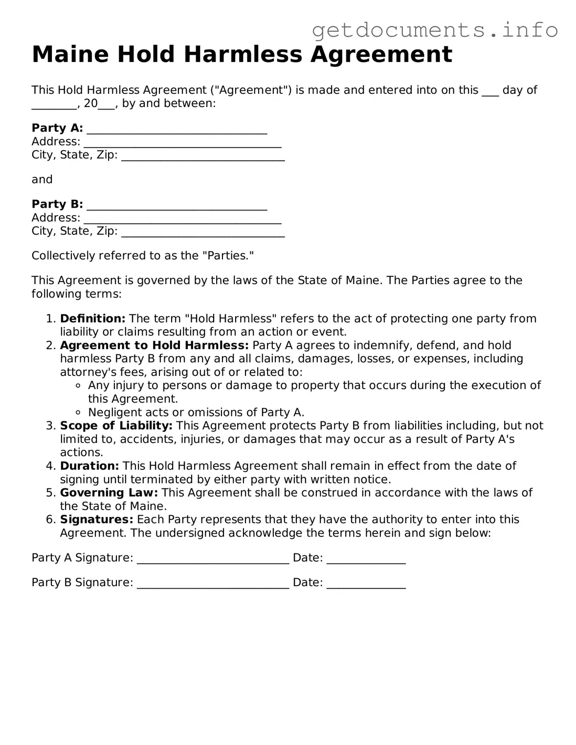 Free Hold Harmless Agreement Template for Maine