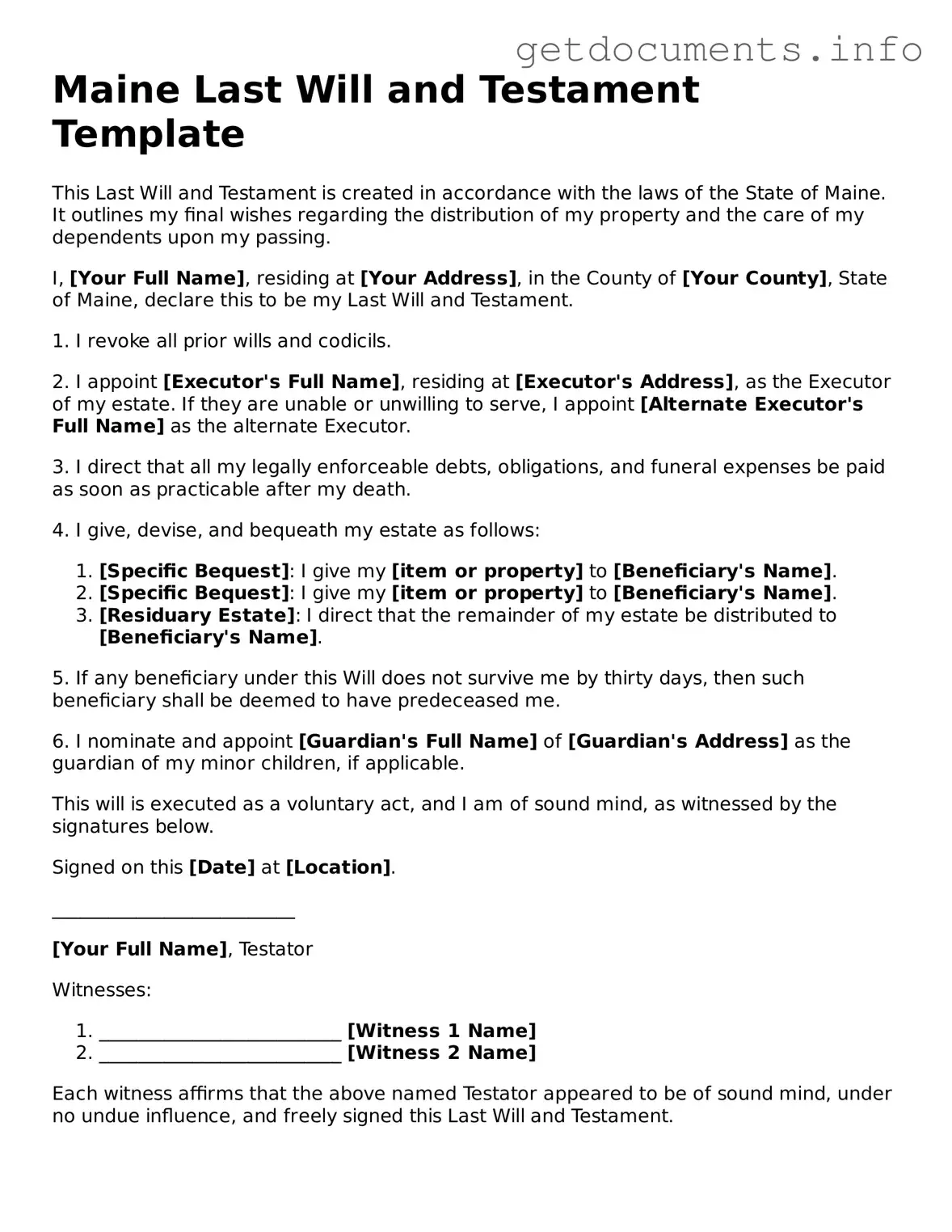 Free Last Will and Testament Template for Maine