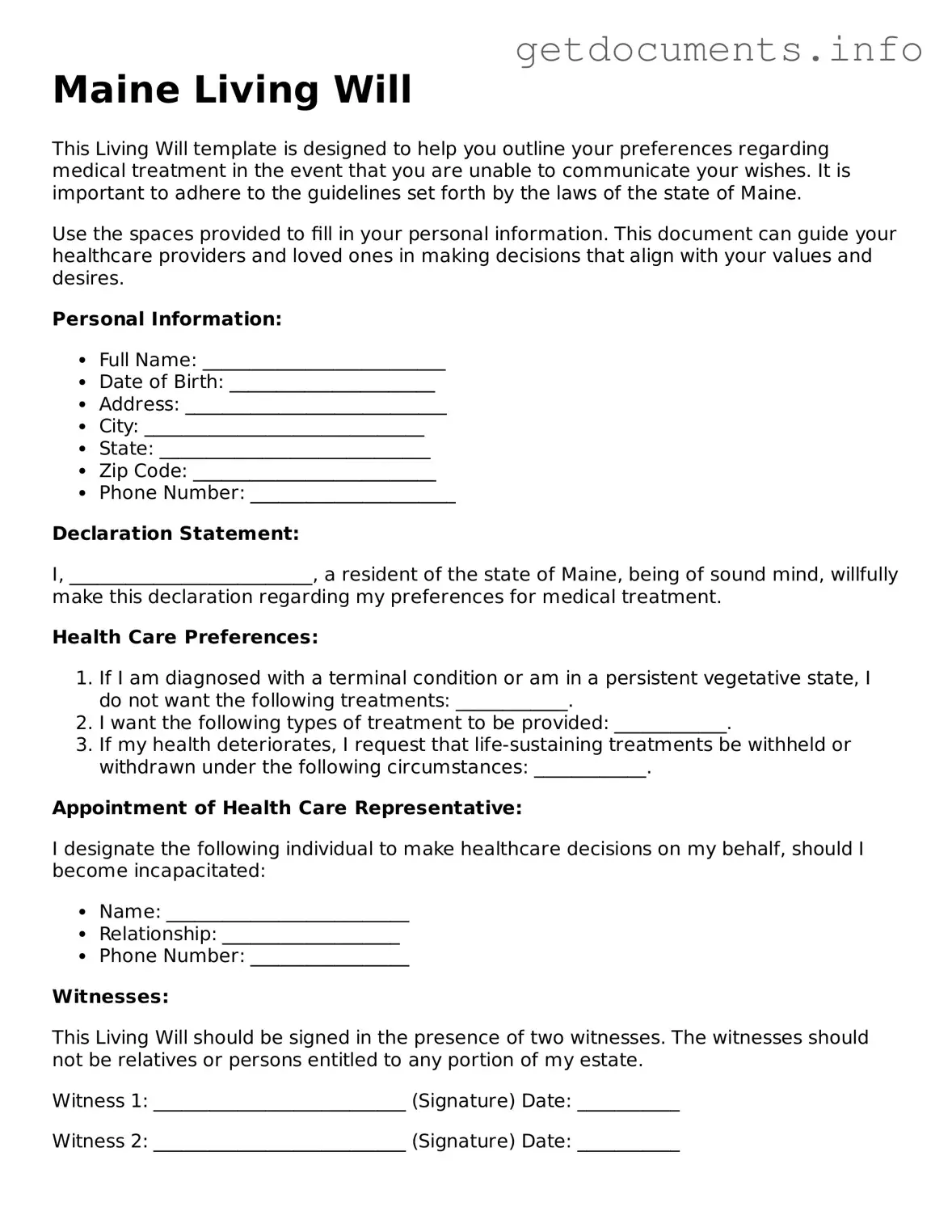 Free  Living Will Template for Maine