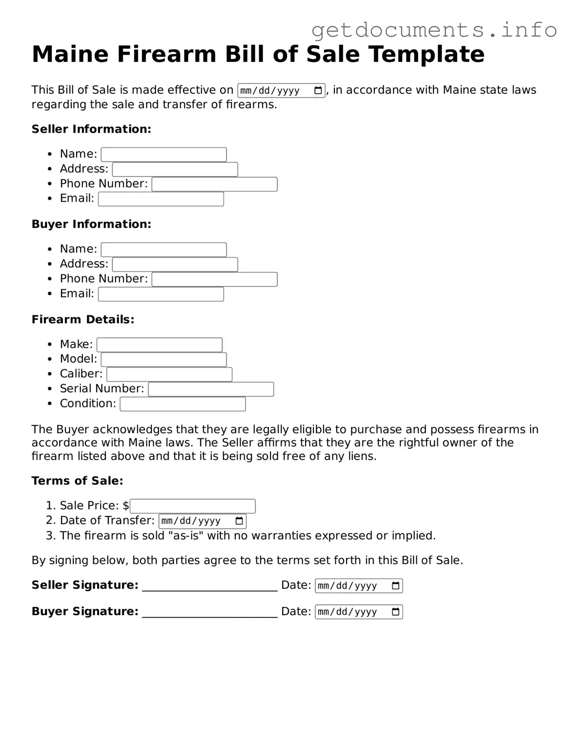 Free Firearm Bill of Sale Template for Maine