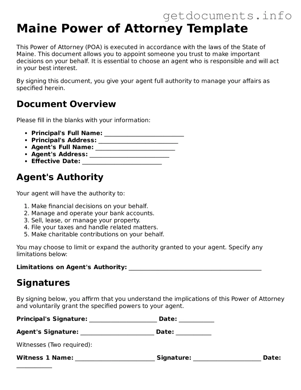 Free  Power of Attorney Template for Maine