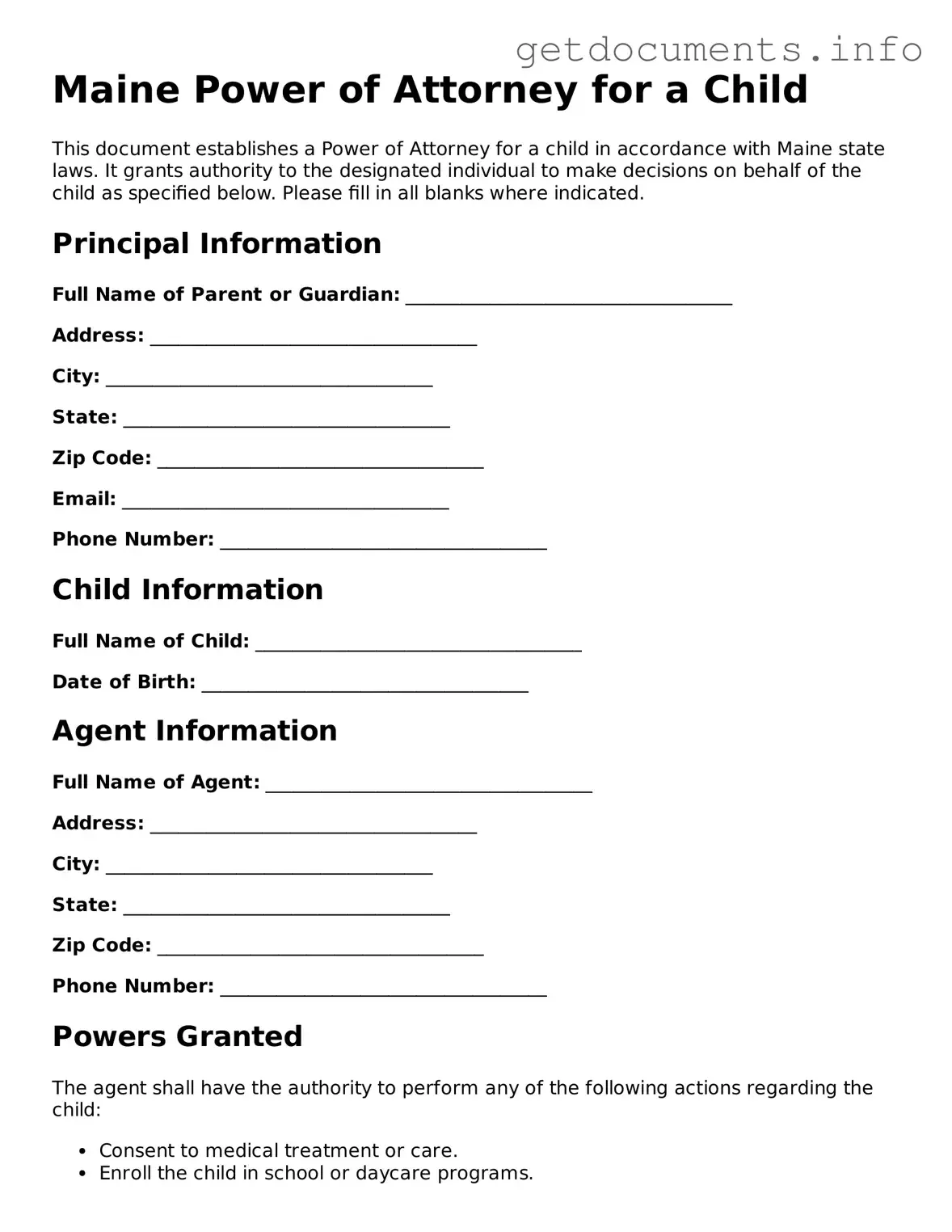 Free  Power of Attorney for a Child Template for Maine