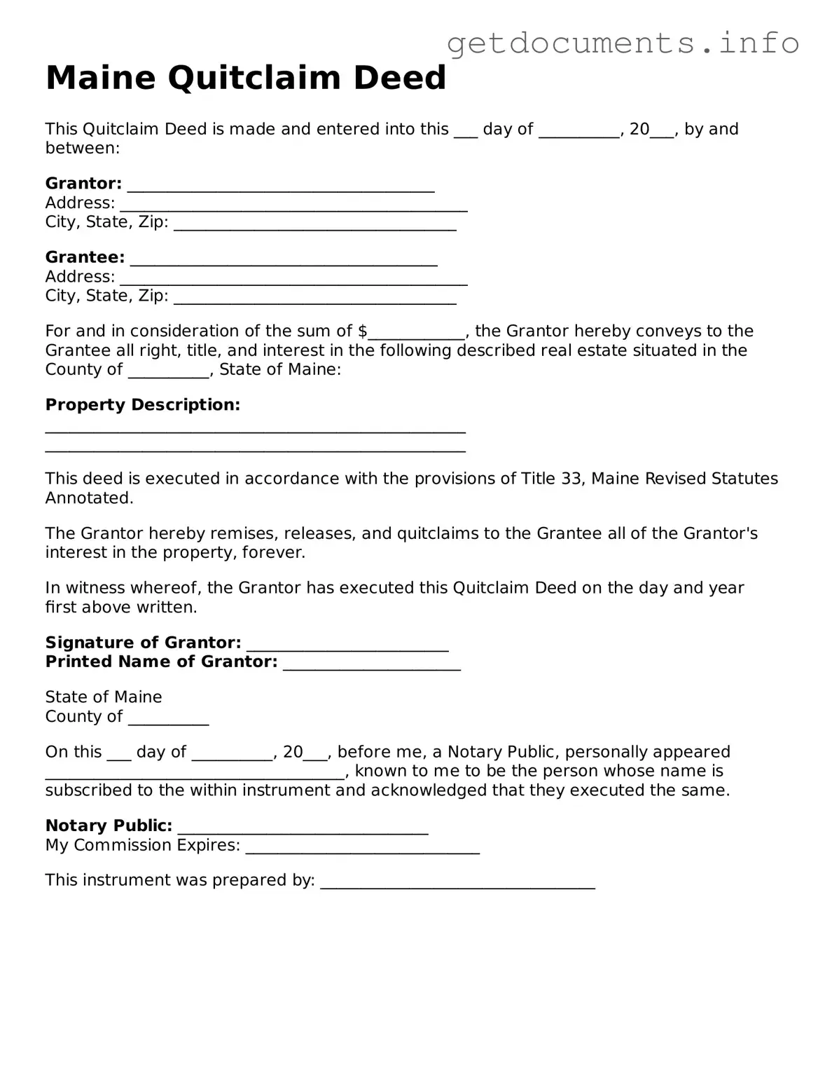 Free Quitclaim Deed Template for Maine