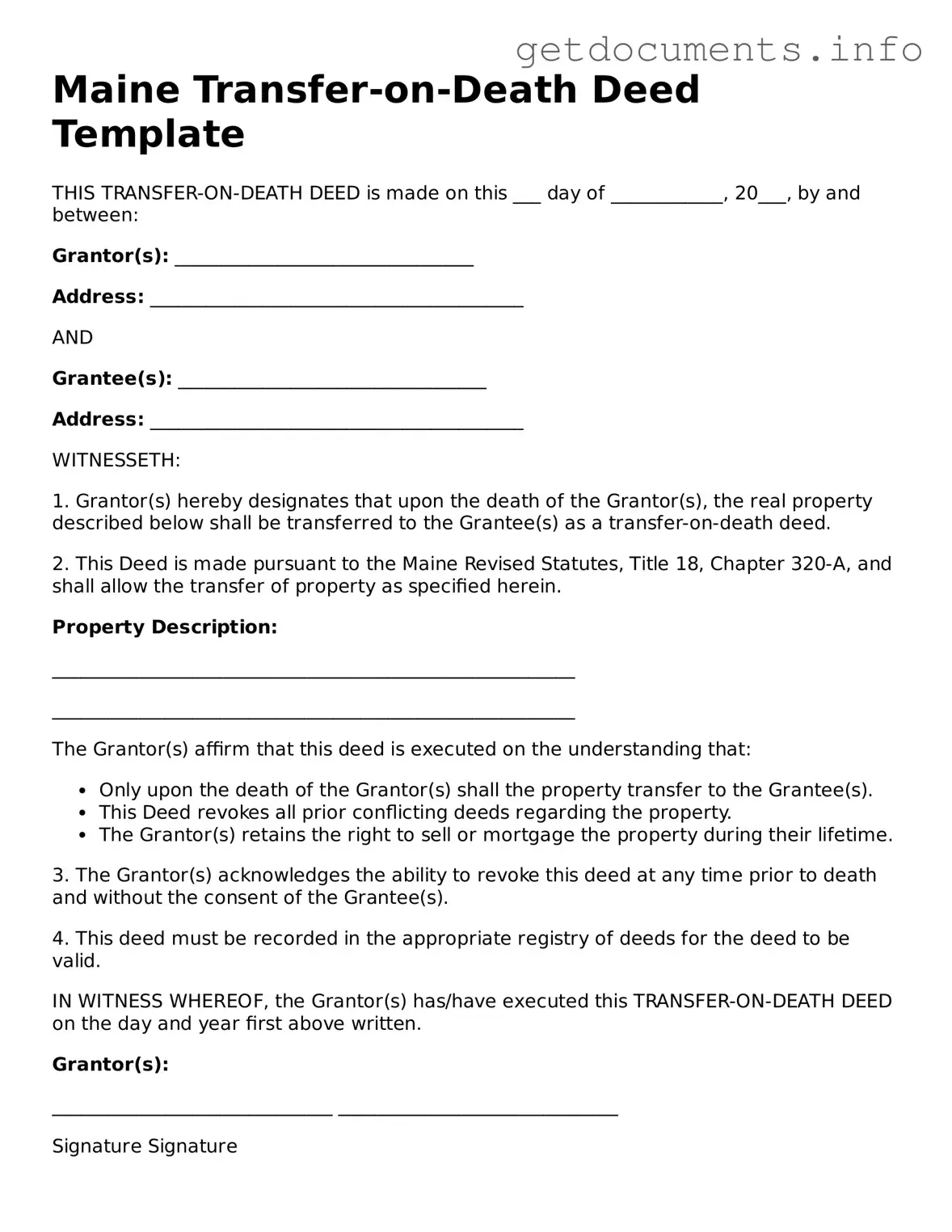 Free  Transfer-on-Death Deed Template for Maine