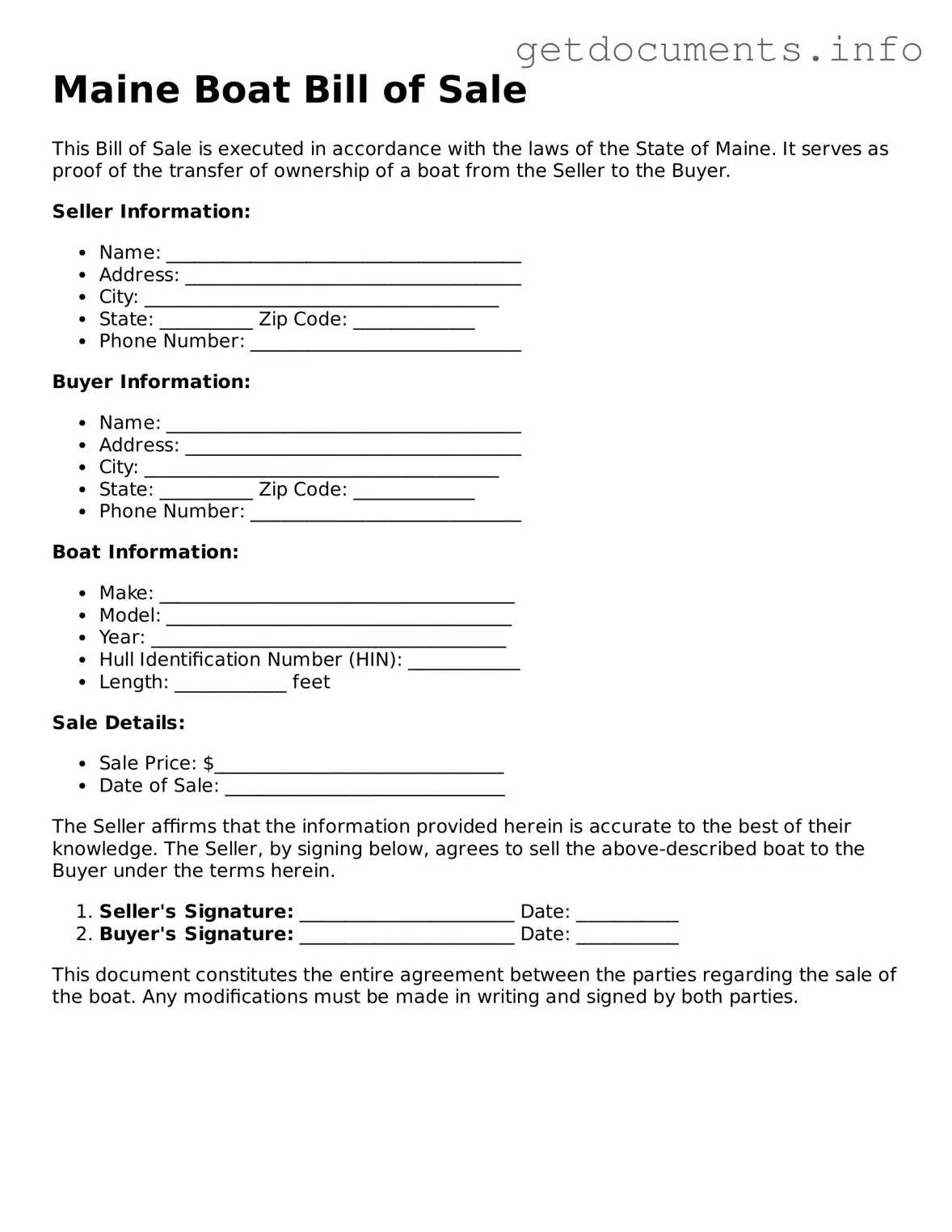 Free  Boat Bill of Sale Template for Maine