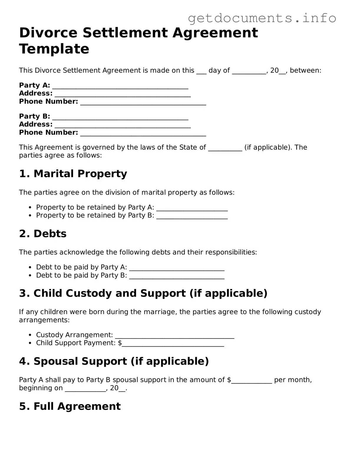 Printable Divorce Settlement Agreement Document
