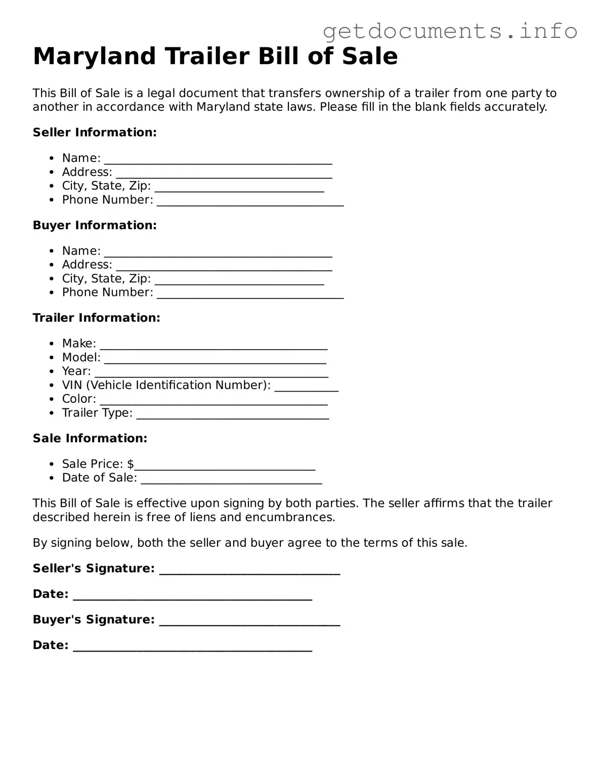 Free Trailer Bill of Sale Template for Maryland