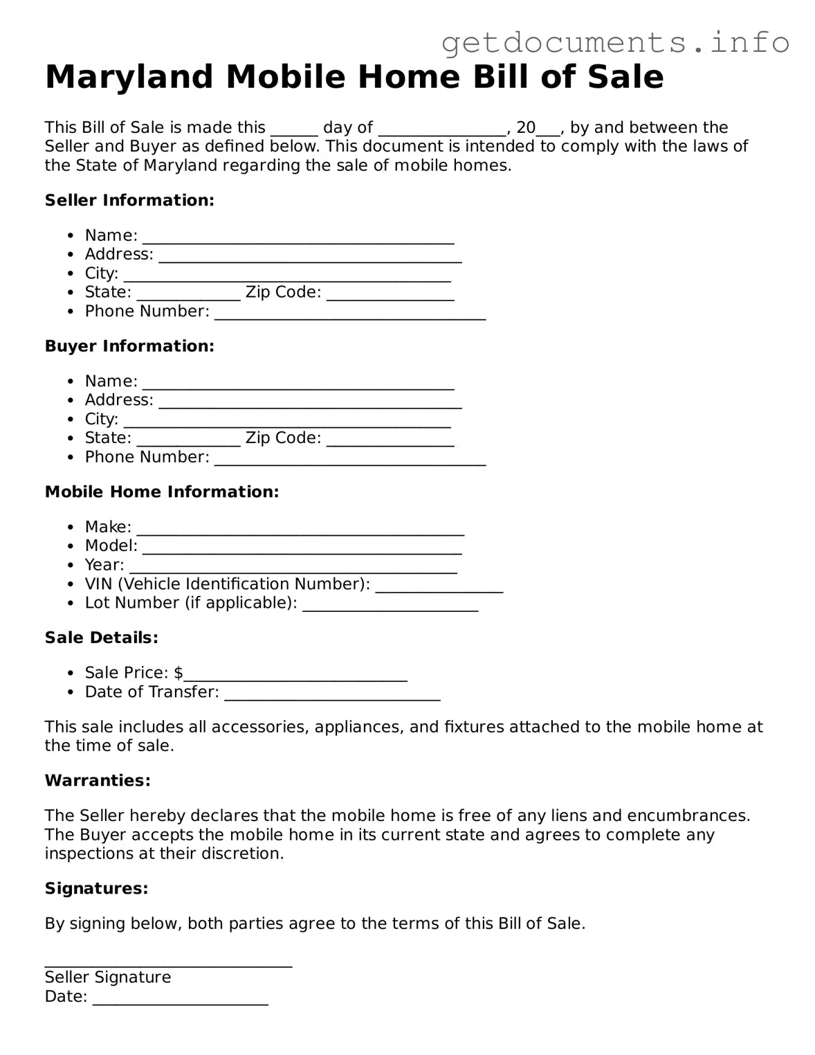 Free Mobile Home Bill of Sale Template for Maryland
