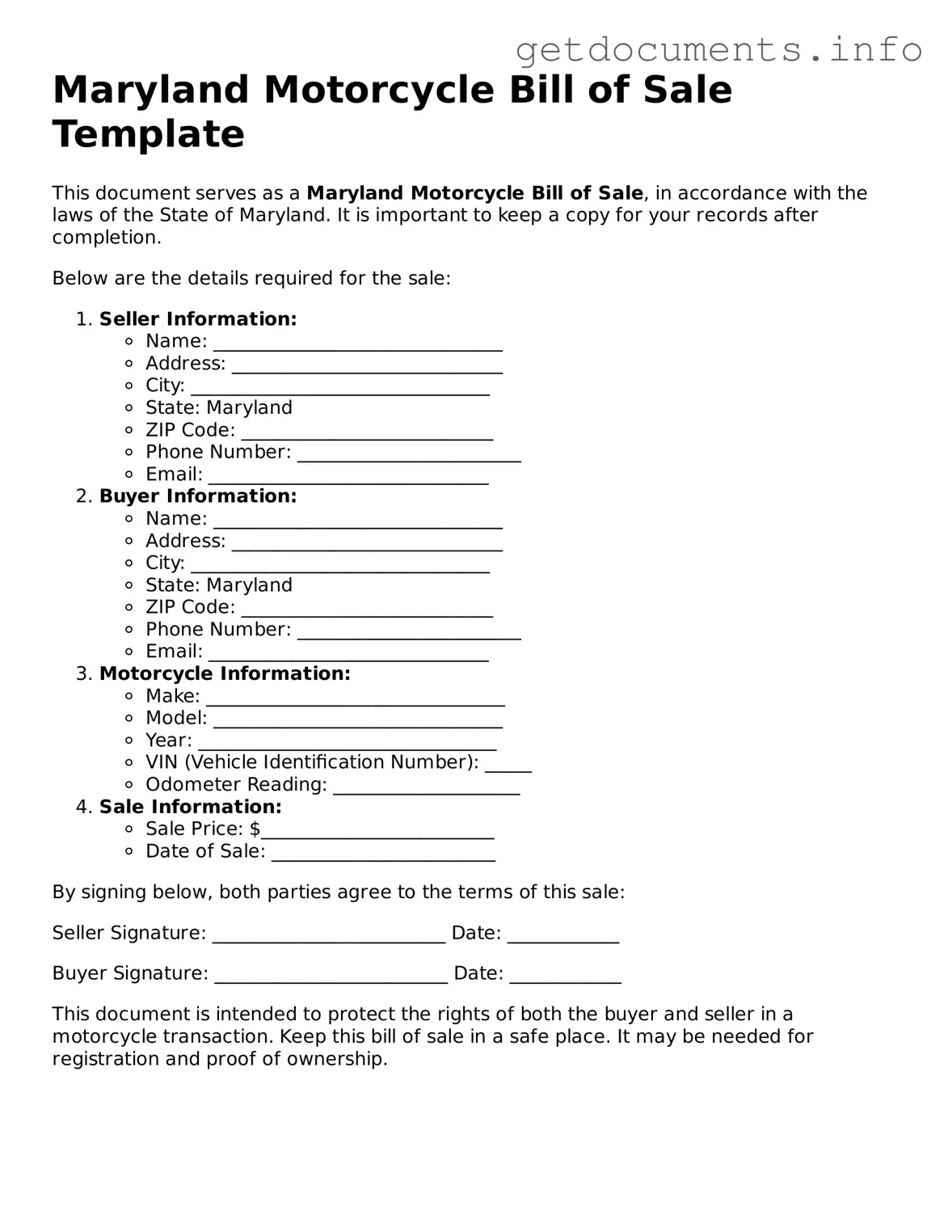Free Motorcycle Bill of Sale Template for Maryland