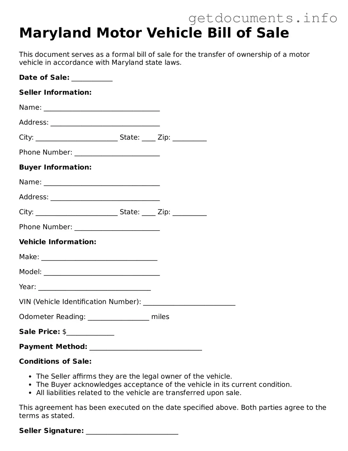 Free Motor Vehicle Bill of Sale Template for Maryland