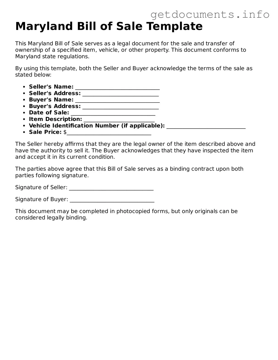Free Bill of Sale Template for Maryland