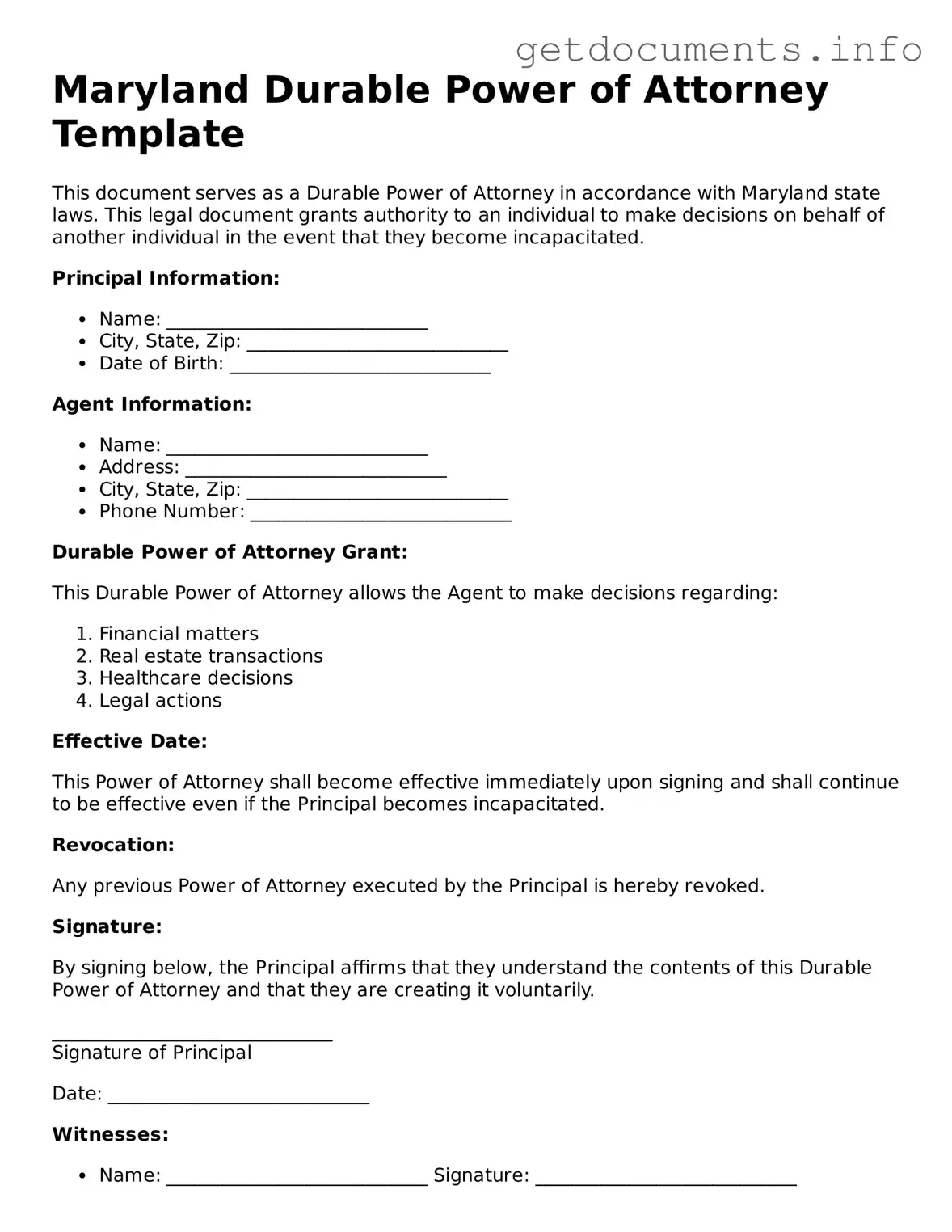 Free  Durable Power of Attorney Template for Maryland