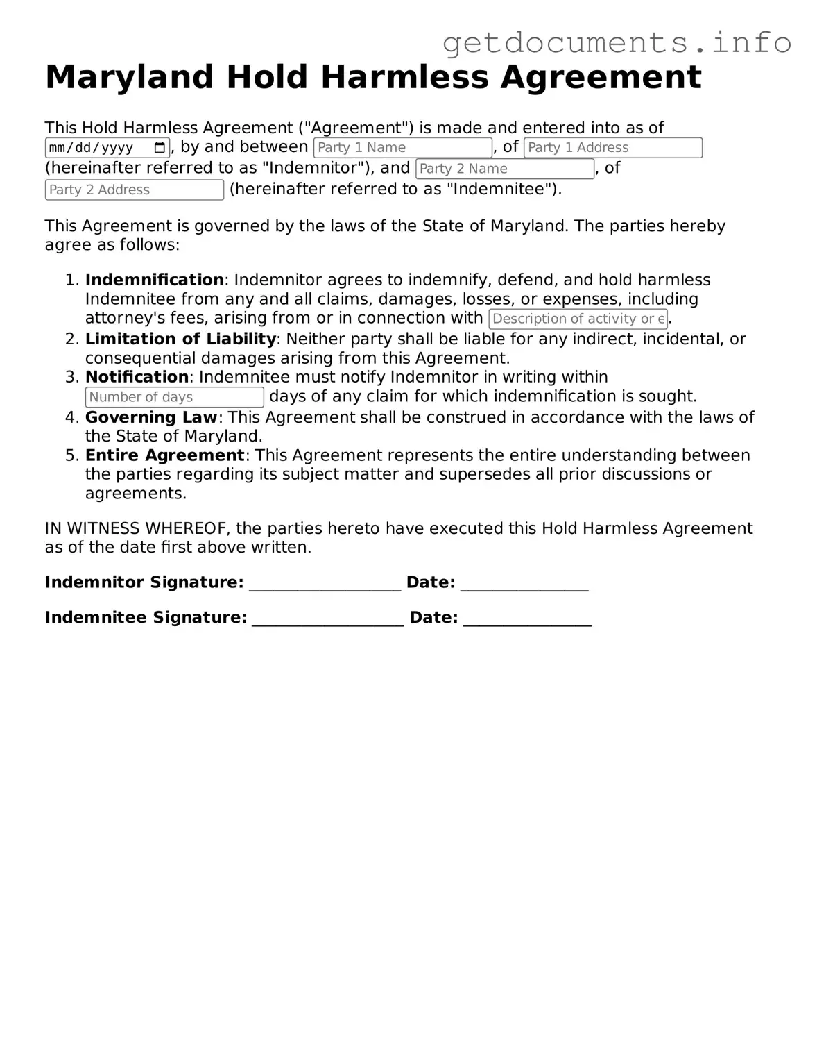 Free Hold Harmless Agreement Template for Maryland